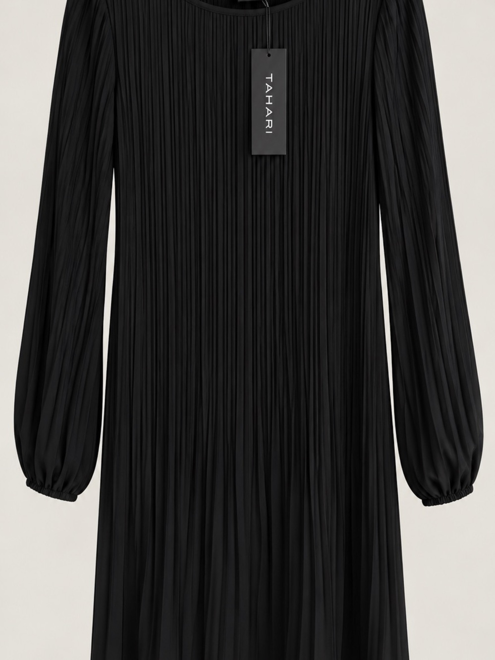 Tahari Black Pleated Long-Sleeve Dress